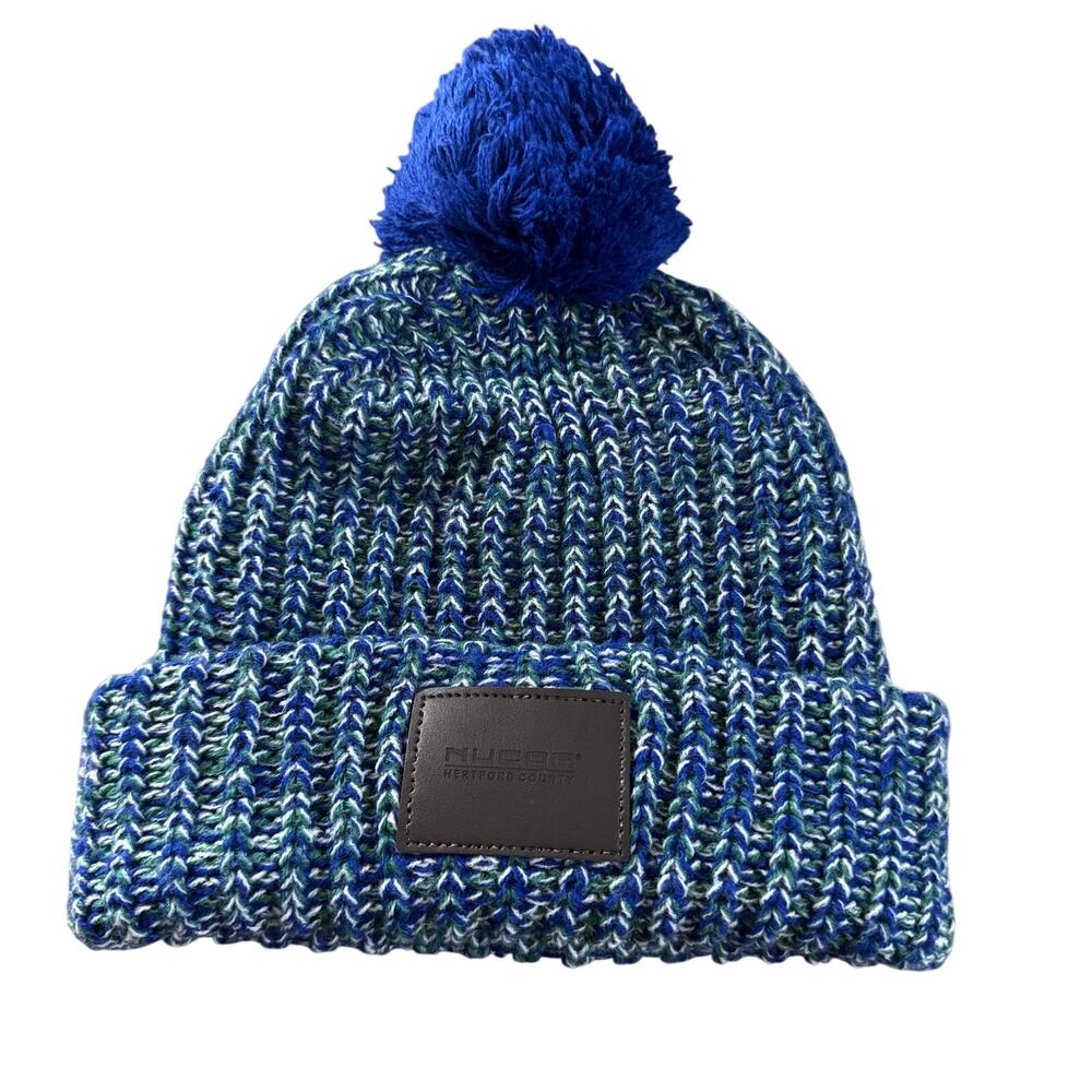 Nucor Steel Pom Beanie Blue Green Knit Cuffed Hat Acrylic